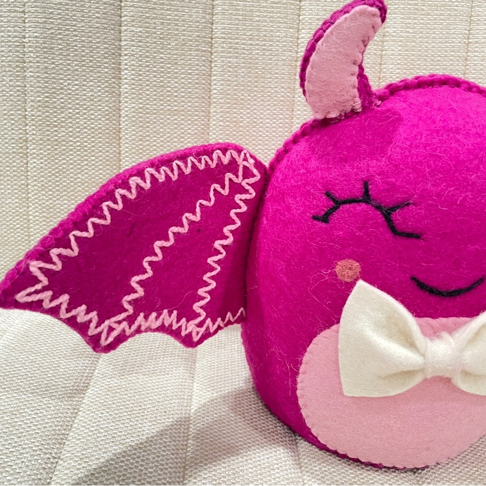 NEW Ghoulish Pink Felt Halloween Bat Monster Decor with Bow Tie Magenta - Picture 4 of 4